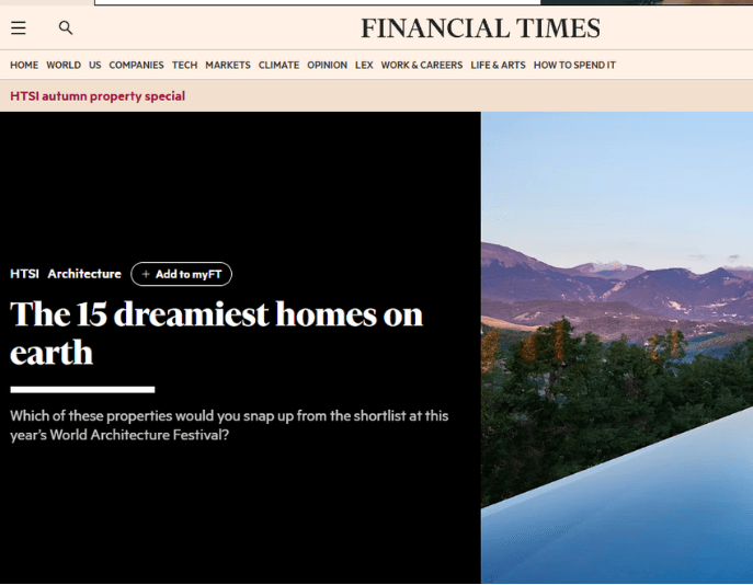 Featured by Financial Times as the 15 dreamiest homes on earth